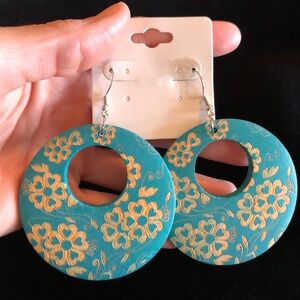 Floral Teal Blue and Tan Round Wooden Earrings